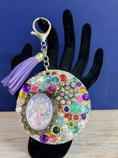 Jeweled Cameo Junk Keychain with Purple Tassel