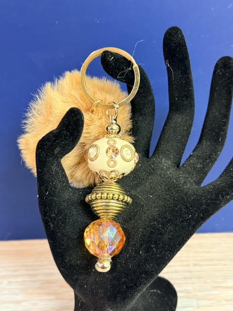 Gold and Amber Beaded Pom-Pom Keychain