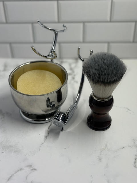 Wet Shaving Set, 3-in-1, Synthetic Brush, Stainless Steel Stand, Bowl w/Shave Puck