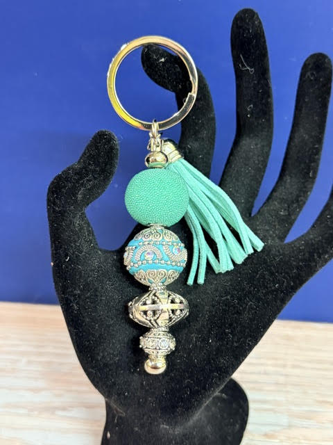 Turquoise and Silver Beaded Tassel Keychain